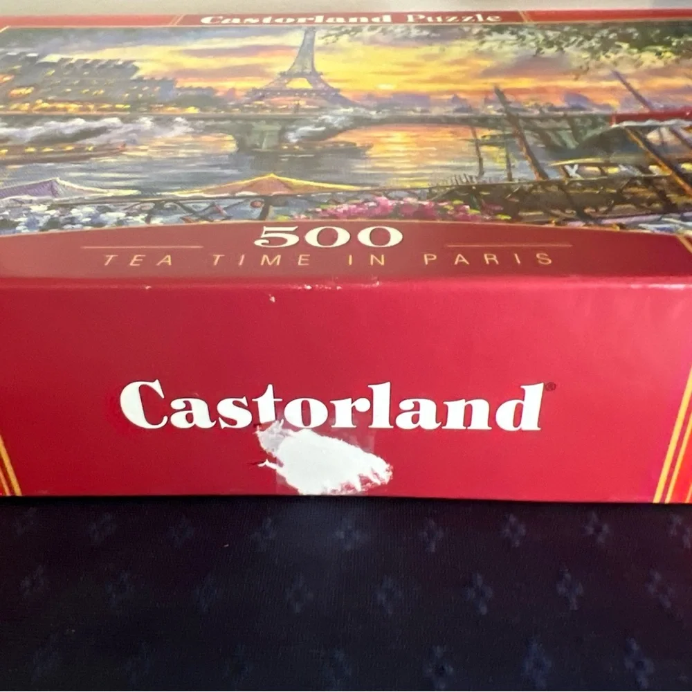 Tea Time in Paris HTF 500 pc Puzzle Stylized Eiffel Tower Bridge Boats Outside - Picture 7 of 10